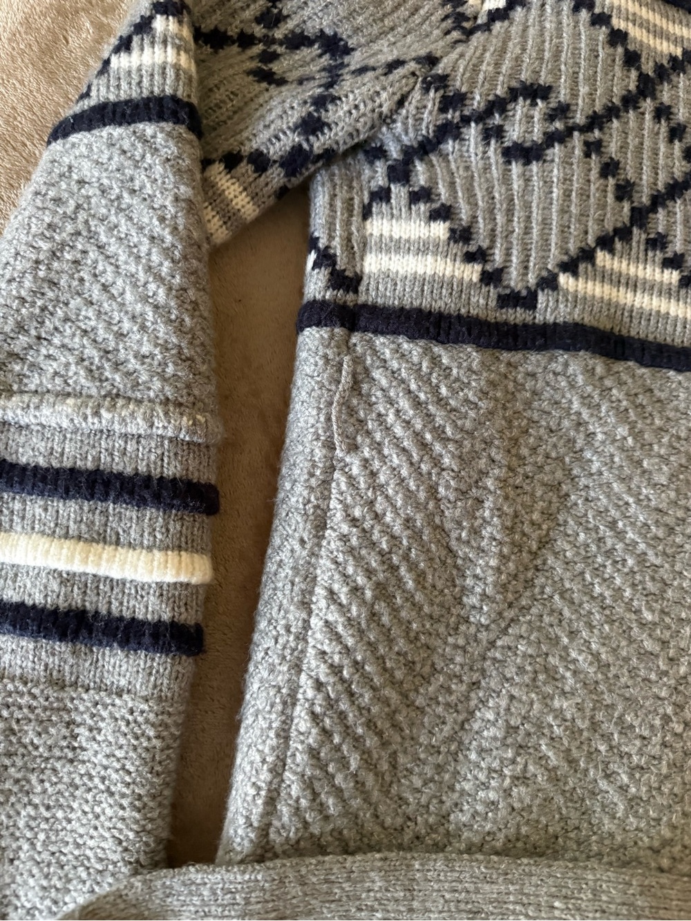 Merona Gray Shawl-Collar Fair Isle Knit Cardigan with Navy & Cream Detail - Picture 4 of 7